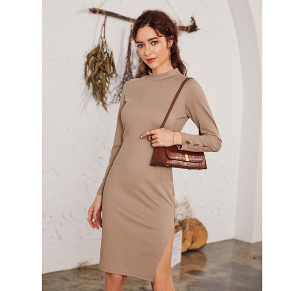 Long Sleeve Button Detail Side Slit Dress - Picture 5 of 13